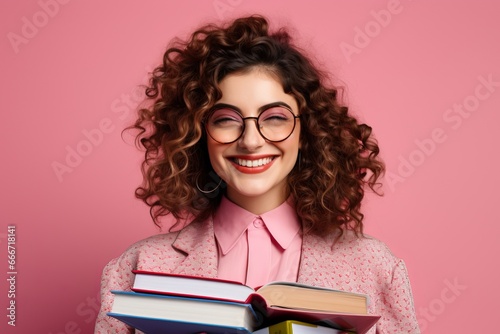 girl in pink clothes with books on a pink background. Concept of reading books. generative ai.