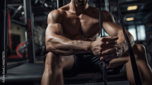 a male athlete in a gym in a horizontal format of a Workout-themed, photorealistic illustration in JPG. Generative ai