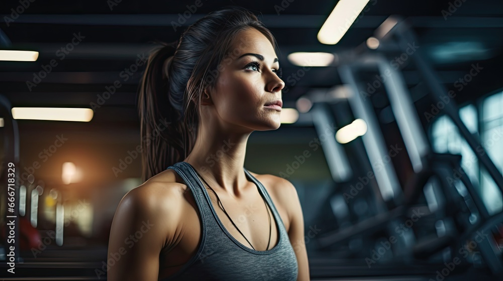 a brunette female in a gym in a horizontal format with space for a copy of a Workout-themed, photorealistic illustration in JPG. Generative ai a brunette female in a gym in a horizontal format with space for a copy of a Workout-themed, photorealistic illustration in JPG. Generative ai