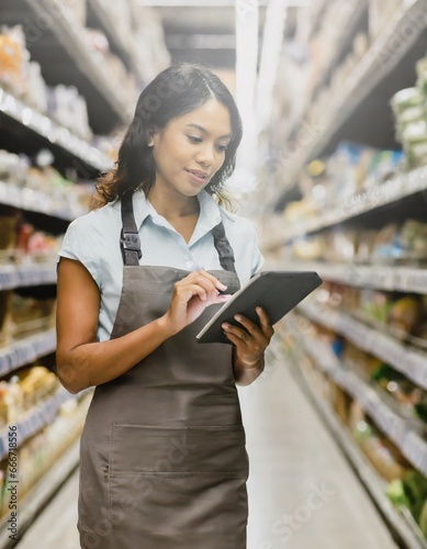 Trabalhadora profissional do sexo feminino usa tablet para pesquisar com lista de verificação em super mercado e distribuição, o valor dos preço dos produtos da sexta basica de alimentos. photo