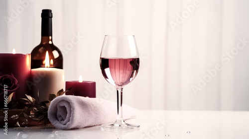 A bubble bath with wine and a lit candle brings serenity to a person.