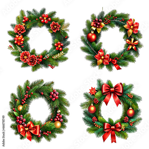 Christmas wreath with leaf, flower, ribbon, and lights  isolated on transparent background PNG AI Generative