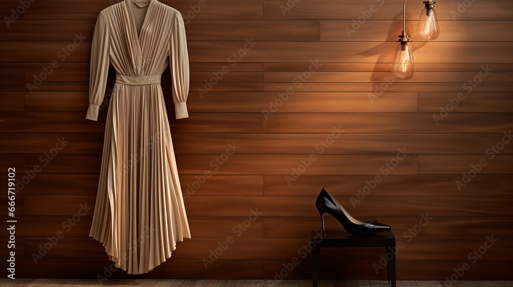 Elegant attire juxtaposed against a wooden backdrop. Elegant attire juxtaposed against a wooden backdrop.