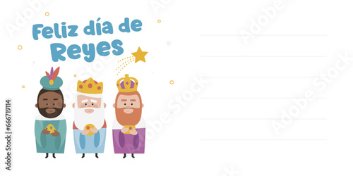 Happy epiphany written in spanish. Three funny wise men. Kings of orient on blue background. Christmas vectors. © johndory