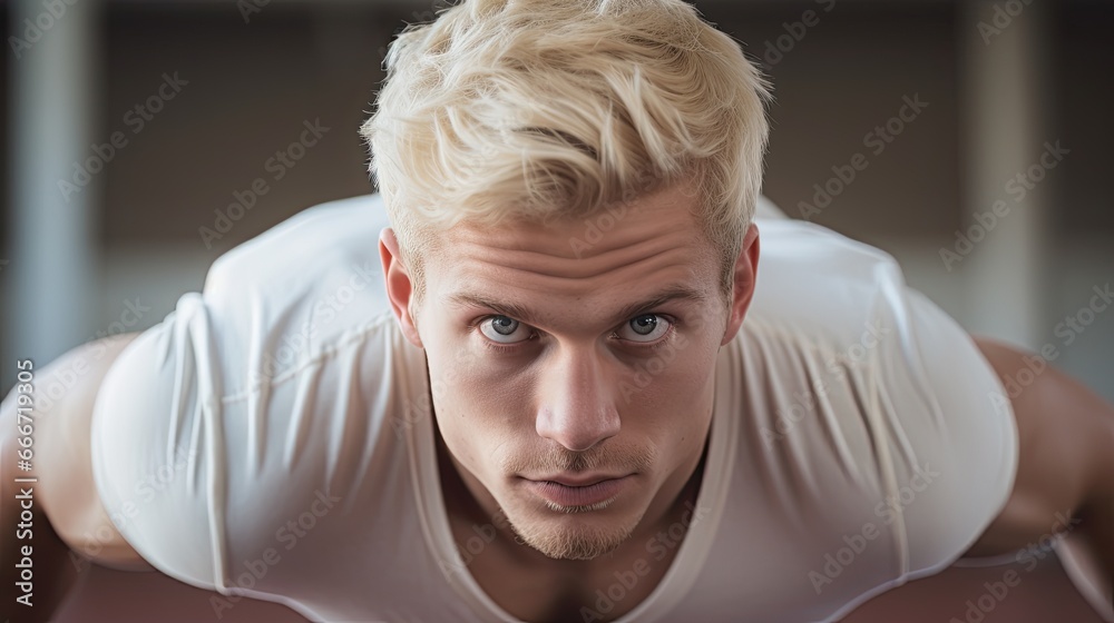 a horizontal format of a young man, working out, high key in an Athletic-themed, photorealistic illustration in JPG. Generative ai a horizontal format of a young man, working out, high key in an Athletic-themed, photorealistic illustration in JPG. Generative ai