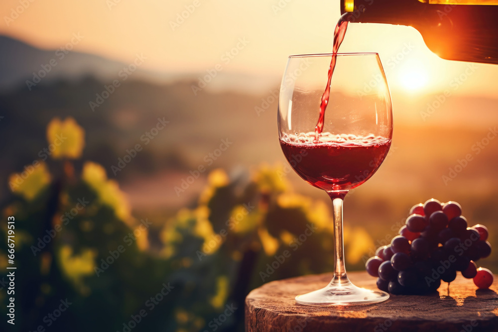 Pouring red wine into glass on vineyard background at sunset. Generative AI
