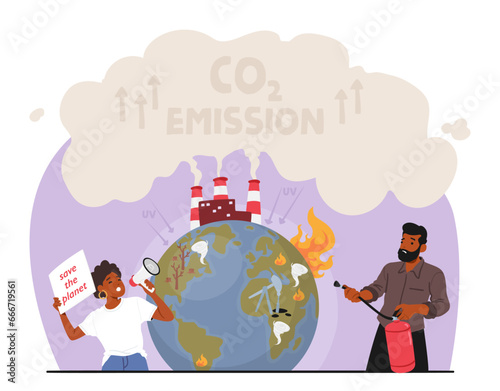 People Protest Against Climate Changes. Their Unified Voice Calls For A Sustainable Future, Cartoon Vector Illustration
