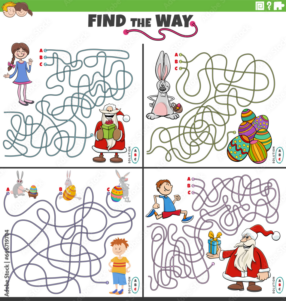 maze games set with cartoon Christmas and Easter characters maze games set with cartoon Christmas and Easter characters