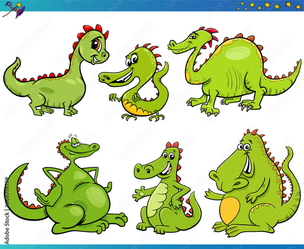Fototapeta premium funny cartoon dragons fantasy animal characters set