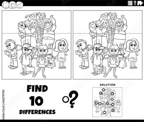 differences game with cartoon pupils and students coloring page