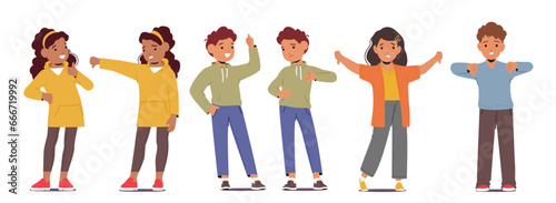 Children Characters Showing Thumbs Down, Dislike, And Thumbs Up, Like. Kids Expressing Preferences With Gestures