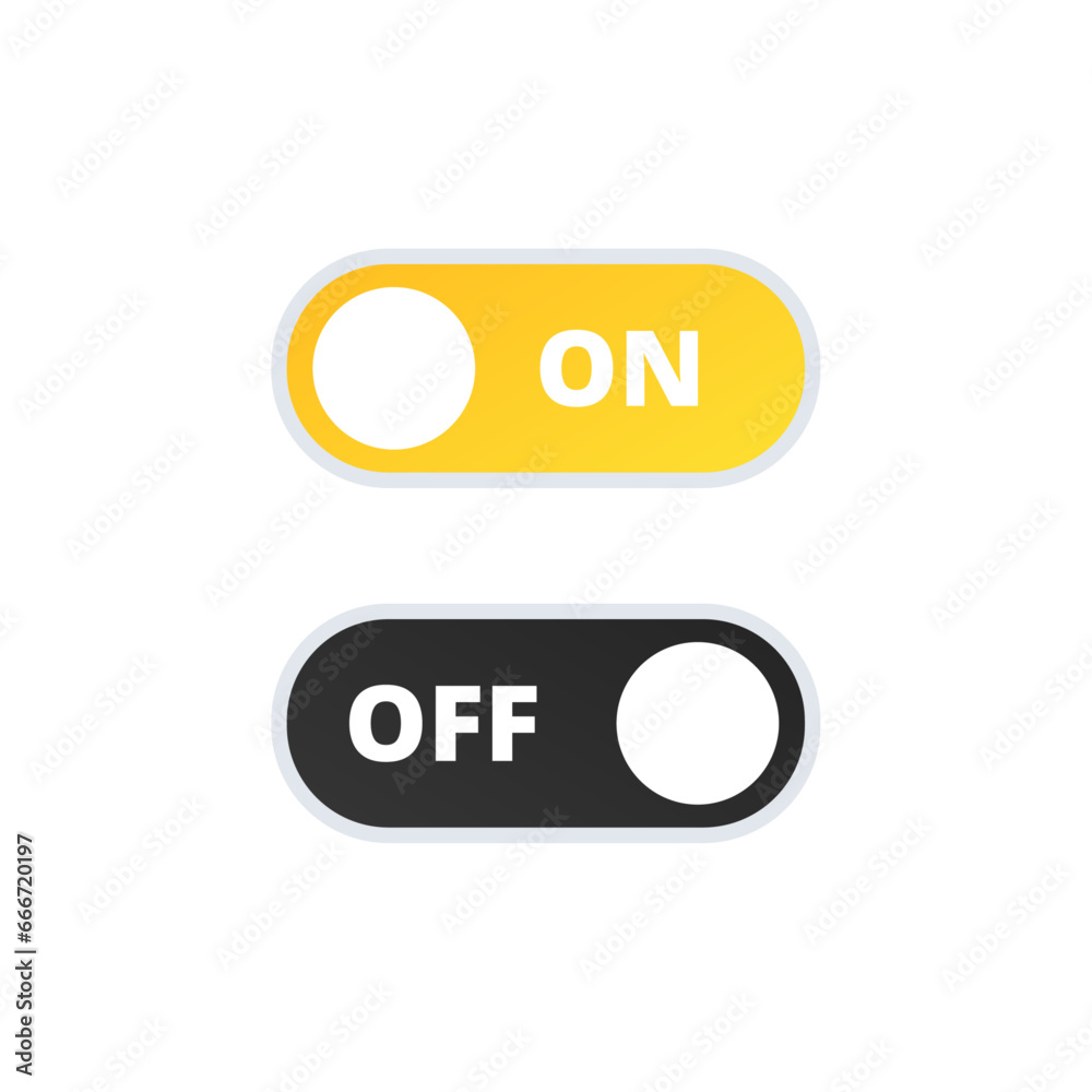 Set of switch on and off icons. On and off toggle buttons. Set of switch on and off icons. On and off toggle buttons.