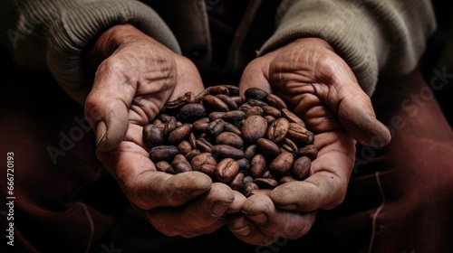 old ethnic hands holding coffee beans in a horizontal format of Beverage-themed, photorealistic illustration in JPG. Generative ai