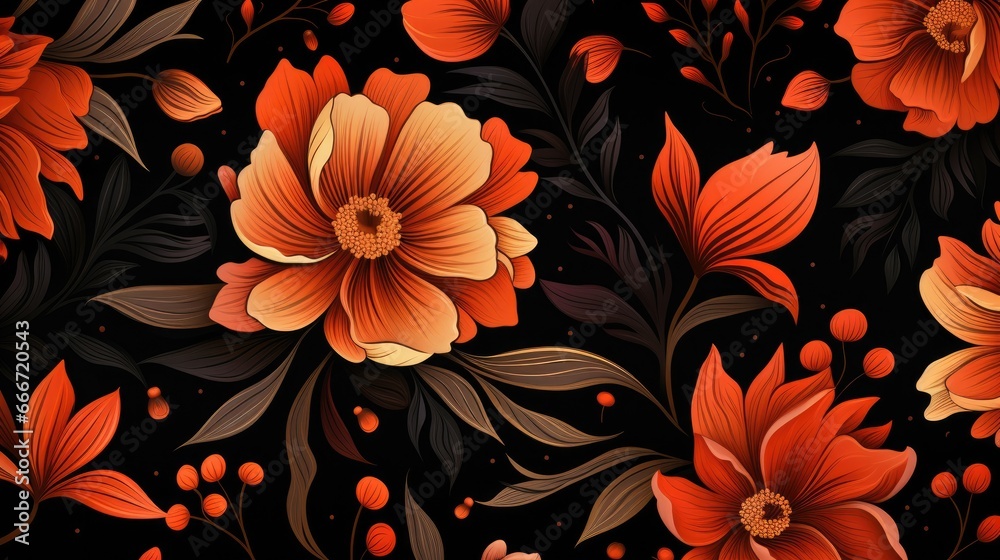 a horizontal format of flowers, reds, oranges, and pale yellow with dark background whimsical realism, organic graphics, in a pattern-themed, photorealistic illustrations in JPG.  Generative ai