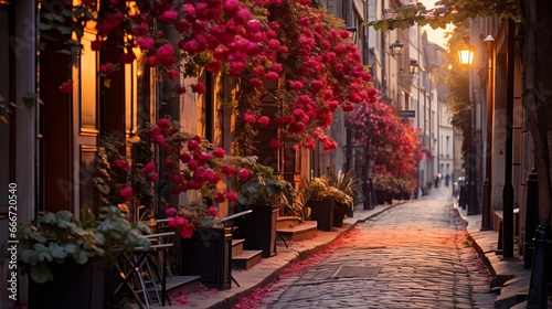 In autumn, Europe's inner streets are decorated with flowers on pillars. The atmosphere is cinematic, with bright red plants and cinematic contrast colors. The air is clear and there is a