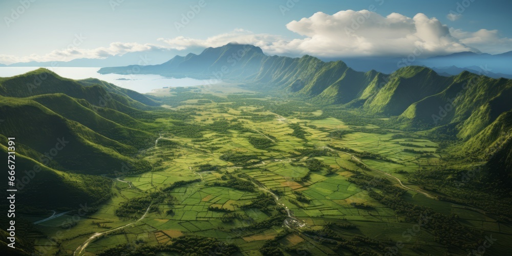 Green Field in Mountainous Terrain, Capturing the Aesthetic Essence of Traditional Arts from Africa, Oceania, and the Americas - A Panoramic Mosaic of Cultural Diversity and Natural Beauty