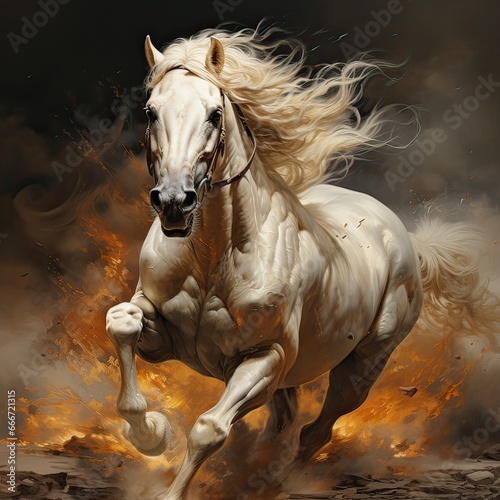 White Horse galloping in the desert with fire beneath