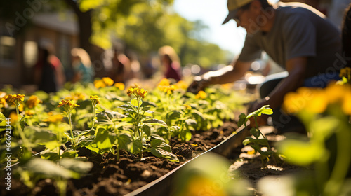 Planting a greener future: Volunteers gather in a community garden, tending to vibrant plants and flowers that enrich the neighborhood