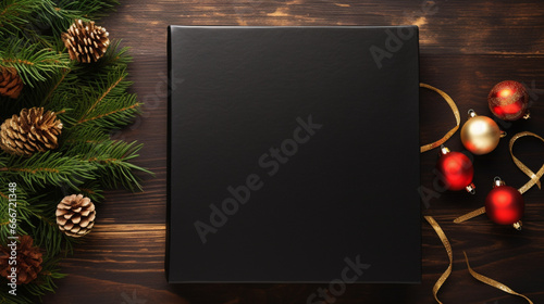 Blank book mockup with wooden background and Christmas concept 