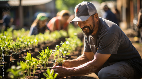 Planting a greener future: Volunteers gather in a community garden, tending to vibrant plants and flowers that enrich the neighborhood photo