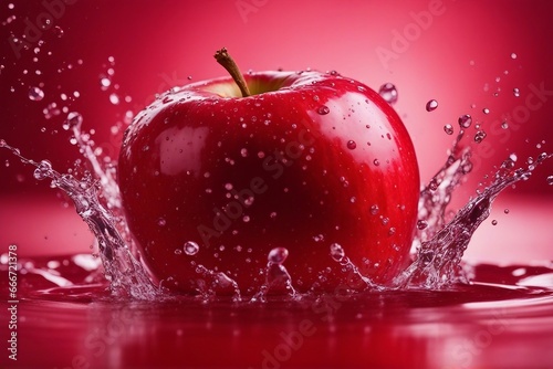 Juicy Red Apple Splash: Water Splashing on a Fresh Red Apple, Isolated on a Bold Red Background