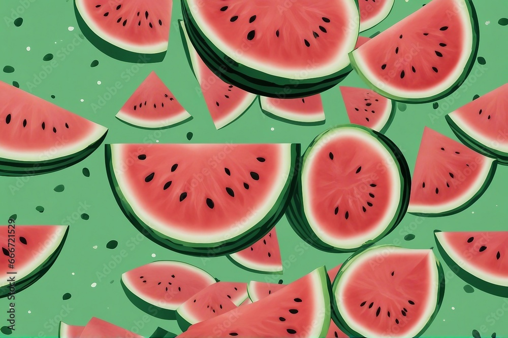 Refreshing Delight: Watermelon Slices on a Vibrant Green Background Refreshing Delight: Watermelon Slices on a Vibrant Green Background