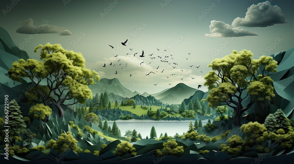 Greeny Fantasy landscape with beautiful lake, mountains, many trees and birds - obrazy, fototapety, plakaty 