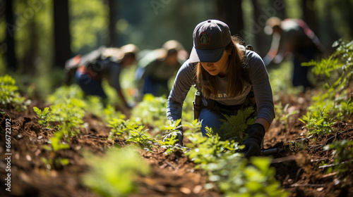 Nature conservation: Volunteers clear invasive species from a forest, promoting the health of indigenous plants and wildlife
