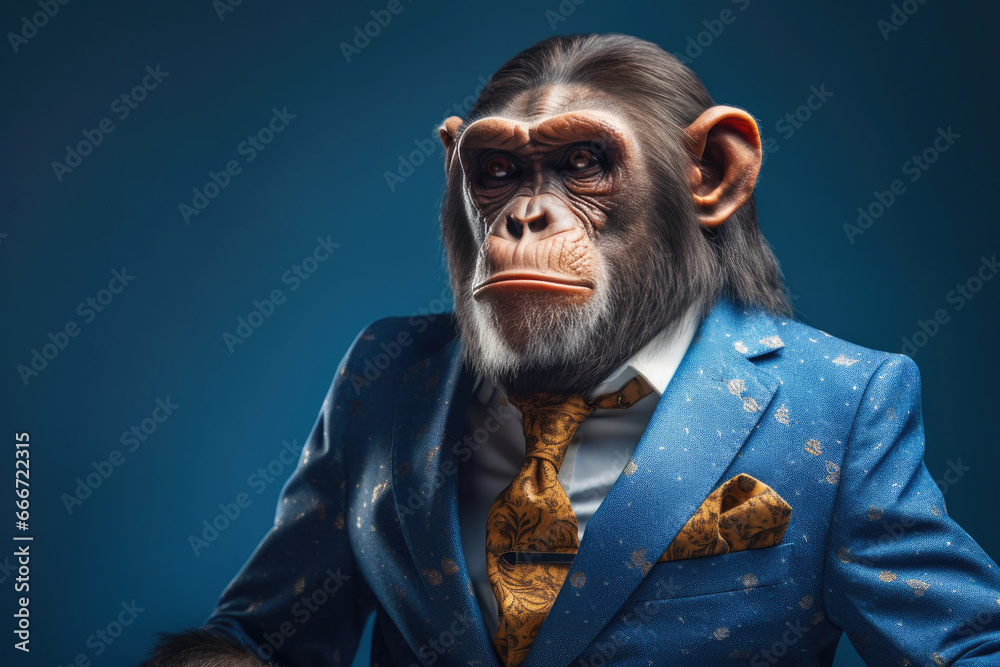 Monkey in business suit on blue background. Concept of successful education Monkey in business suit on blue background. Concept of successful education