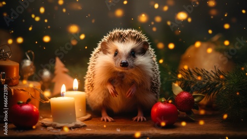 Fotografiet Festive Bristled Critter: Adorable Hedgehog Celebrates the Holidays as a Baby An