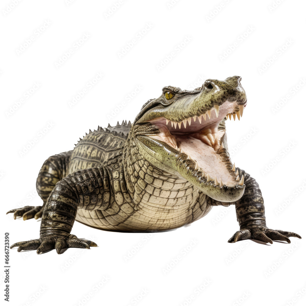 Naklejka premium an American alligator (Alligator mississippiensis) with open mouth and full body 3/4 view in a Wildlife-themed, photorealistic illustration in a PNG format, cutout, and isolated. Generative ai