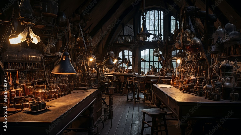 Cool shadows and warm highlights can be seen in the Alchemical lab, which has a famous historical pelican vessel. The Alchemist's workspace is decorated with magical equipment and