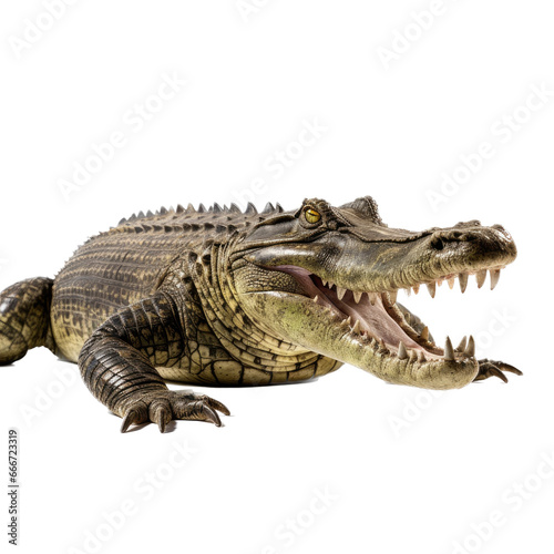 an American alligator  Alligator mississippiensis  with open mouth and full body 3 4 view in a Wildlife-themed  photorealistic illustration in a PNG format  cutout  and isolated.  Generative ai