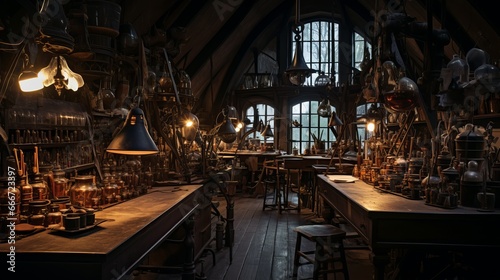 Cool shadows and warm highlights can be seen in the Alchemical lab  which has a famous historical pelican vessel. The Alchemist s workspace is decorated with magical equipment and