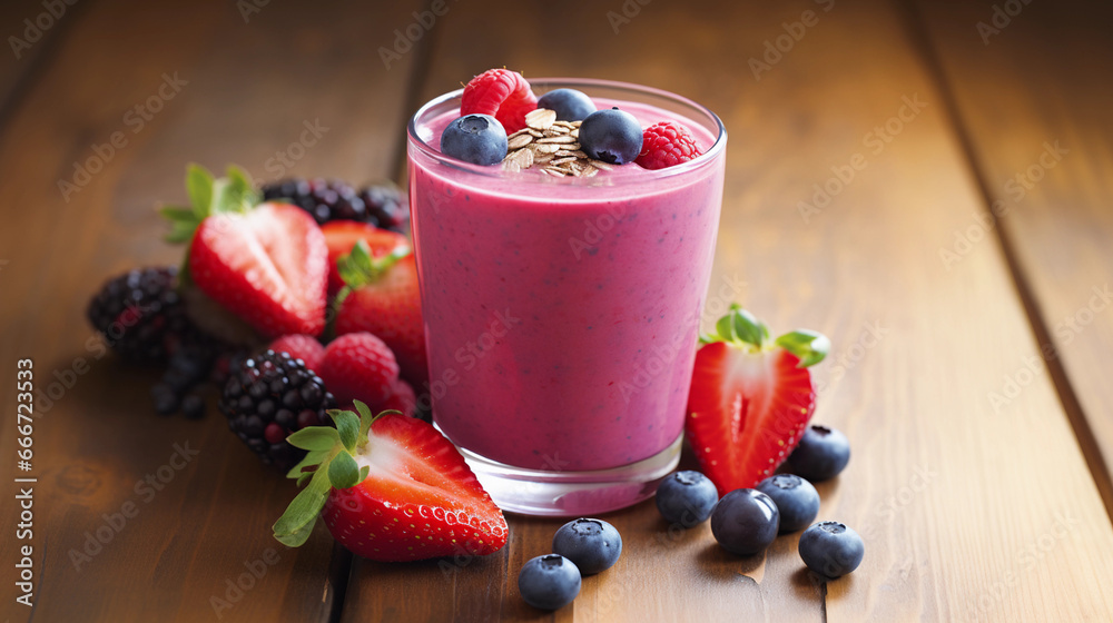 mixed berry smoothie with oats on a wooden backdrop mixed berry smoothie with oats on a wooden backdrop