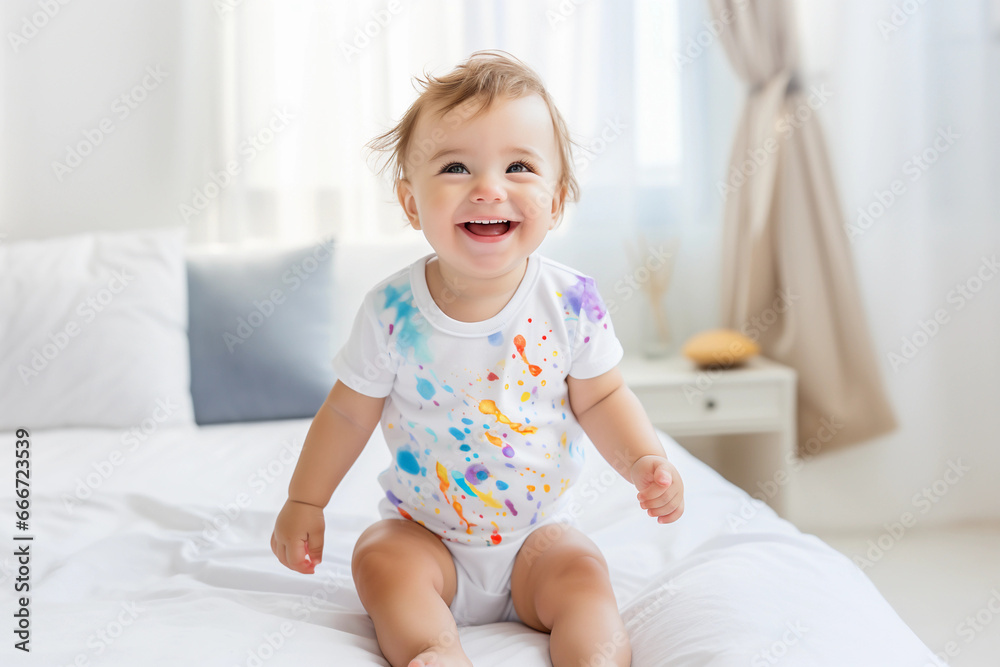 radiant one-year-old baby giggling in a vibrant splatter-patterned onesie radiant one-year-old baby giggling in a vibrant splatter-patterned onesie