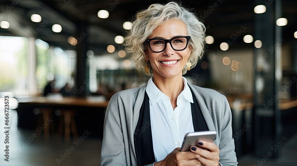 A company executive, a smiling businesswoman standing in the office, holding a cell phone in her hand. She is wearing a suit, giving off a professional appearance.
