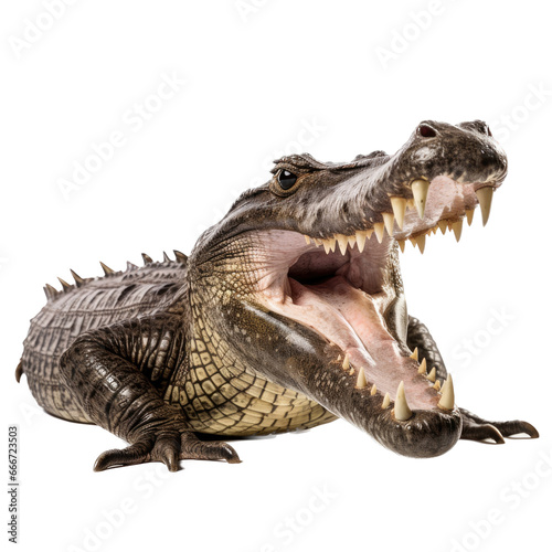 an American alligator (Alligator mississippiensis) with open mouth and full body 3/4 view in a Wildlife-themed, photorealistic illustration in a PNG format, cutout, and isolated.  Generative ai © Purple Penguin GFX