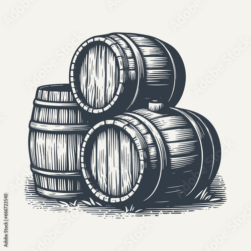 Composition of stacked wooden barrels. Vintage woodcut engraving style hand drawn vector illustration.