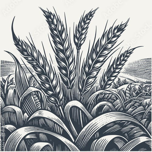 Barley ears in the field. Vintage woodcut engraving style hand drawn vector illustration.