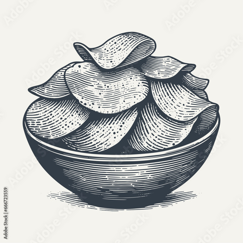 Bowl full of potato chips. Vintage woodcut engraving style hand drawn vector illustration.
