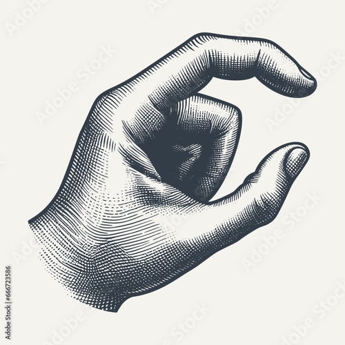 Hand gesture. Fingers pinching . Vintage woodcut engraving style hand drawn vector illustration on dark background.