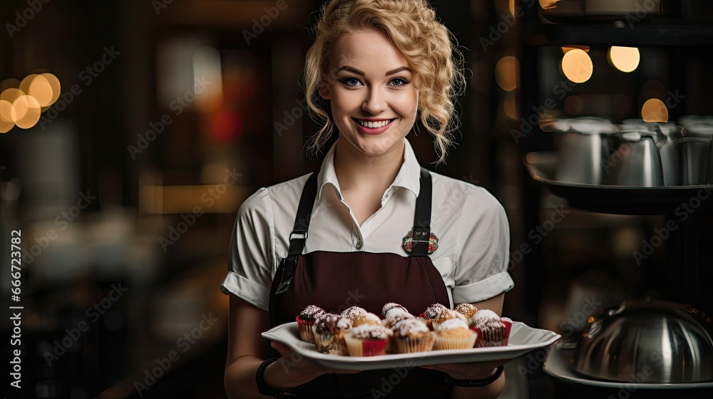 A woman standing in a kitchen, holding a tray filled with various desserts. She is wearing an apron, indicating that she is likely a chef or baker. The tray contains a variety of cakes and pastries.