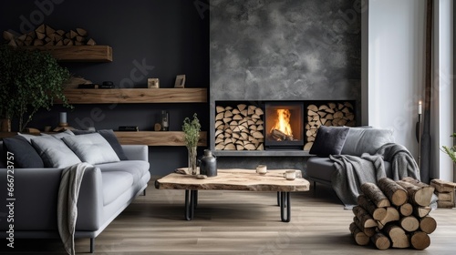 A cozy living room with a fireplace. The fireplace is lit, creating a warm and inviting atmosphere. The room has a comfortable couch on the left side of the fireplace and a coffee table.