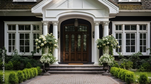 A large house with a wooden front door revealing a beautifully decorated porch with a set of steps leading up to it. The porch is adorned with potted plants.