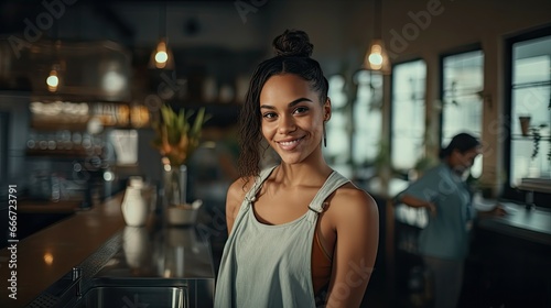 A pretty brunette woman standing in a well-decorated and well-equipped coffee shop, restaurant, or bar, smiling and posing for the camera. Photography, depth of field.