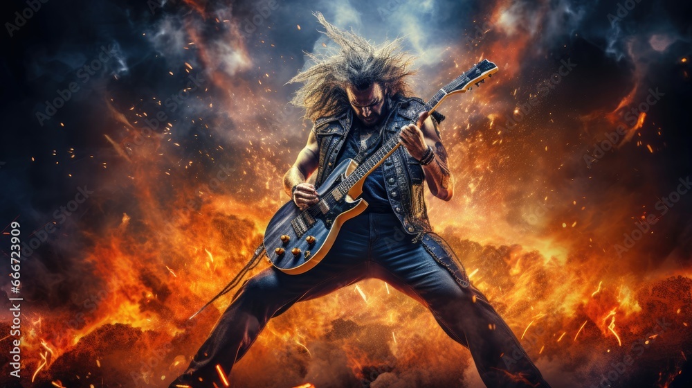 A man, with long hair and a beard, dressed in black clothing, playing a guitar. Standing in front of a fiery background adds intensity to the scene. Man is a rock musician, and heavy metal guitarist.