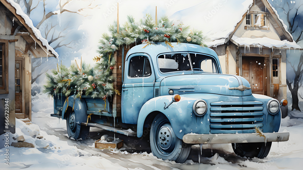 watercolour illustration of blue christmas truck and christmas tree