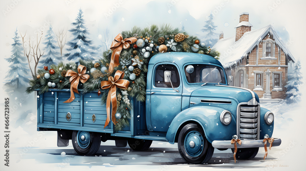 watercolour illustration of blue christmas truck and christmas tree - obrazy, fototapety, plakaty 