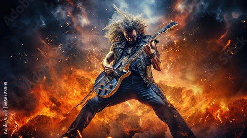 A man, with long hair and a beard, dressed in black clothing, playing a guitar. Standing in front of a fiery background adds intensity to the scene. Man is a rock musician, and heavy metal guitarist. photo